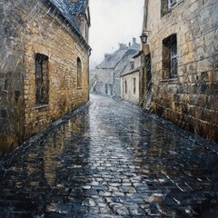 Obraz premium A Rainy Cobblestone Street in a European Village