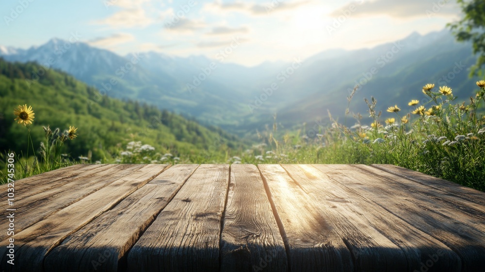 Sticker Mountain Landscape with Wooden Table