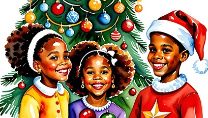 african american siblings hang festive ornaments christmas tree happy anticipation