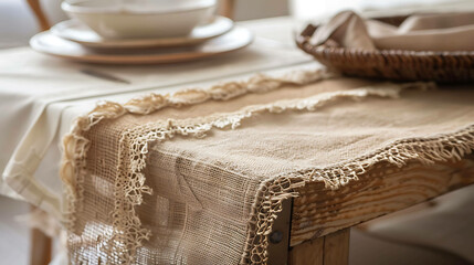  A beautiful table runner made of burlap with a delicate lace border.