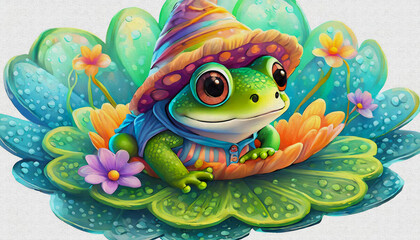oil painting style cartoon CHARACTER illustration  CUTE baby Frog resting on a lily pad 