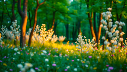 Dreamy forest image, blooming meadow and pastel bokeh lights isolated with white highlights, png