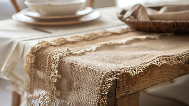  A beautiful table runner made of burlap with a delicate lace border.