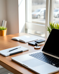 Il y a un cahier et un stylo sur le bureau. Ordinateur portable sur la table