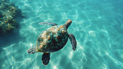 Obraz premium Amazing close-up photo of a sea turtle swimming in the ocean. The turtle is surrounded by clear blue water and sunlight.