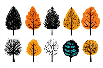 Obraz premium Abstract vector art of autumn and winter trees in different shapes and colors representing seasonal change nature’s diversity and artistic interpretation of the natural world