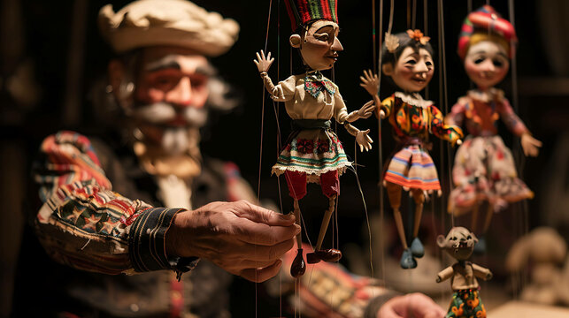 A puppeteer controls a marionette with strings. The puppet is dressed in a colorful costume and has a painted face.