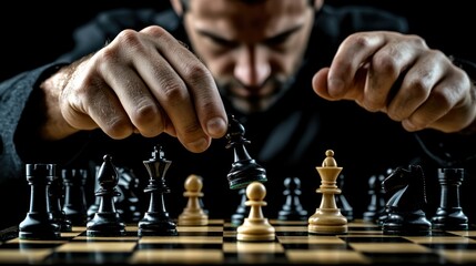 a chess player making a strategic move, illustrating the cunning involved in strategic thinking and competition