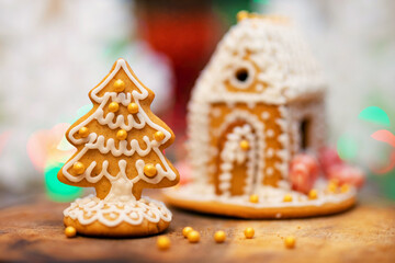 Gingerbread house made of gingerbread cookies decorated with icing, caramel, candy, decorative beads. Gingerbread Christmas tree