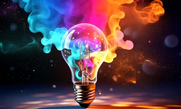 Incandescent lamp with colorful smoke, on a dark background. Creative light bulb exploding with colorful paint. Concept: new generation lighting, energy saving.
