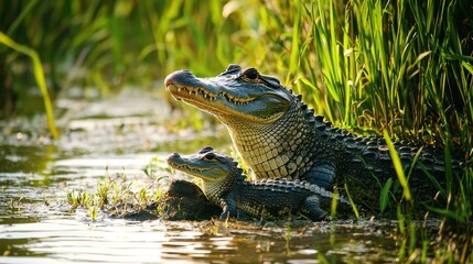 Fototapeta premium a crocodile and its young in a lush marshland, symbolizing family dynamics in the animal kingdom