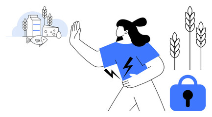 Woman with lightning bolts on her shirt holds her hand up to reject food allergens like milk fish and cheese. Icons of secure food and wheat ears surround her. Ideal for dietary awareness food