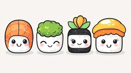 Minimalist Sushi Clipart Set of 4 in Vibrant Colors on White Background