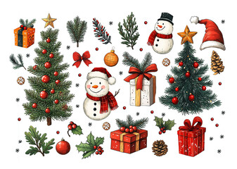 Christmas elements set with snow man, gifts, Christmas tree, Santa, holy birds, stars and more