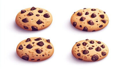Delicious Chocolate Chip Cookies Game Assets - Set of Four Minimalist Low Poly Icons with Playful Imagery on White Background
