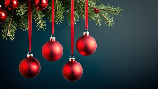 christmas tree ornaments hang festive arrangement red balls along branchy structure