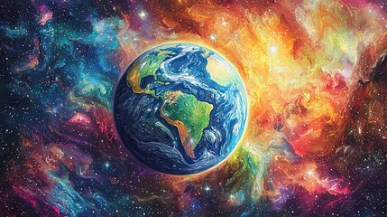   A stunning painting of Earth at the center of a vibrant cosmic scene, surrounded by twinkling stars and a radiant starburst