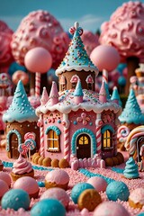 Fototapeta premium Castle Cake Dessert delicious candy Pastel decorated village, bread house.