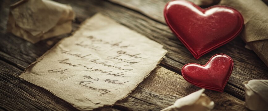 Romantic message with red hearts on a rustic wooden table surrounded by aged paper and love notes during golden hour light. Wide web banner.