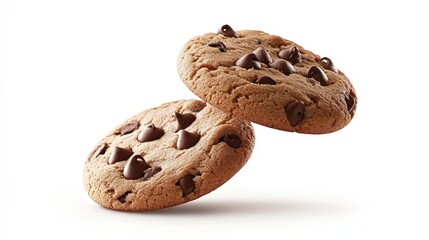Fototapeta premium Delicious Chocolate Chip Cookies Floating in Mid-Air - High Quality Hyperealistic Product Photography with Contrasting Lighting on White Background