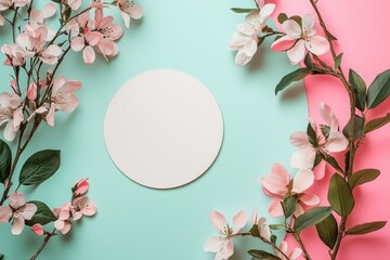 Fototapeta premium Spring floral arrangement with cherry blossoms and a pink circle on a pastel blue background