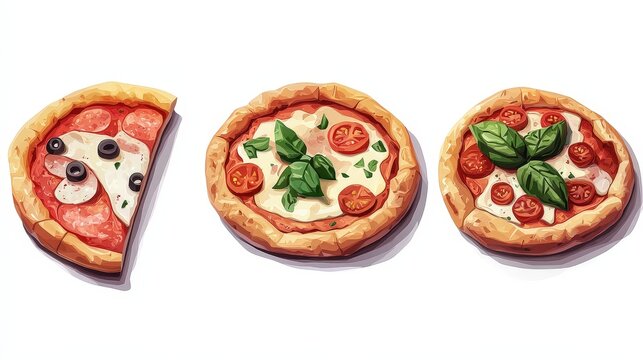 Mini Pizza Margherita Game Asset Icons Set - Low Poly, Playful Minimalist Design for Website Divider, Toyism Style