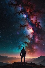 Obraz premium Dreams, galaxies, nebulae, infinity A male man stands and looks at the magnificent sky, the stars, the universe, the planets.
