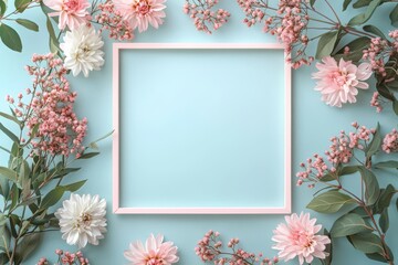 Obraz premium Pastel pink and mint square floral tray with decorative flowers on a pink background