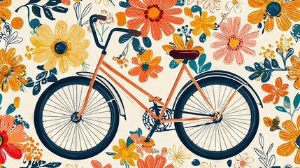 Fototapeta premium Painting of a Bicycle with Flowers on White Background, featuring orange, pink, yellow, and blue hues
