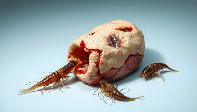 Wound care concept: Symbolizing wound debridement with a fake wound and fake maggots, biological wound debridement as modern therapy isolated with white highlights, png