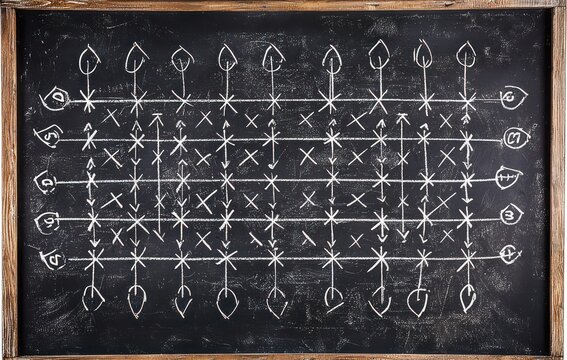 Chalkboard with an American football game plan featuring strategic plays and diagrammatic arrows
