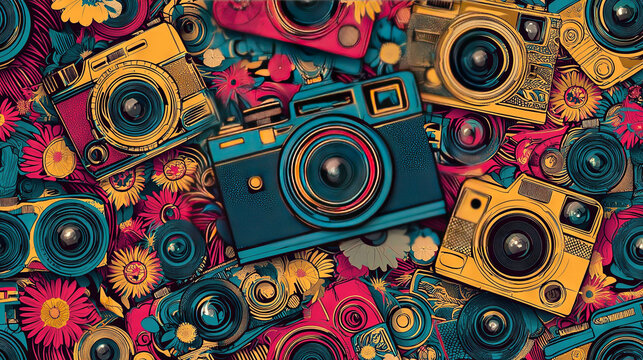   A cluster of cameras rest atop a vibrant stack of floral paper, with one positioned on top
