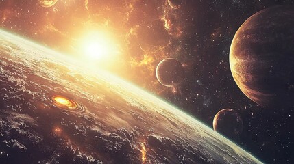 Obraz premium An artist's depiction of the solar system featuring prominent planets in the foreground and the sun in the backdrop