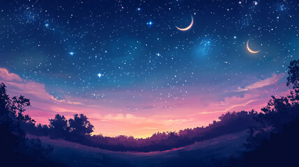 Depict a clear, star-filled sky, with constellations visible and perhaps a crescent moon casting a soft glow. The stars should twinkle brightly, creating a serene backdrop. 