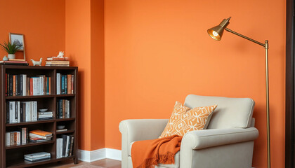 A comfortable reading corner featuring a plush armchair, library bookshelf, and warm lighting in a vibrant orange room. Perfect for relaxation and home decor inspiration.

