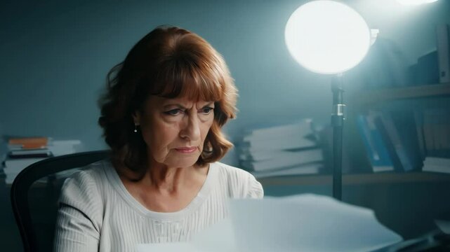 A middle-aged woman with brown hair is focused on paperwork at a cluttered desk in a dimly lit room.