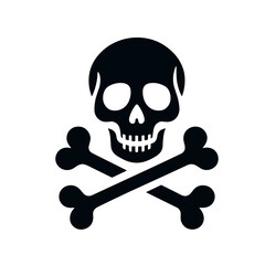 Skull and crossbones illustration in black and white, danger symbol concept