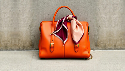 Stylish orange handbag adorned with a luxurious silk scarf, showcasing elegance and fashion. Perfect accessory for modern women who appreciate vibrant colors and sophisticated design.

