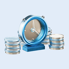 3D financial illustration depicting a blue metallic clock surrounded by stacks of silver and gold coins, symbolizing time and money. The image highlights the concepts of time management, financial inv