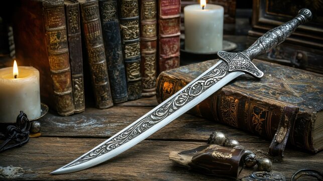 A beautifully crafted silver dagger with intricate carvings on its handle, resting elegantly on an old wooden table surrounded by antique books and candles