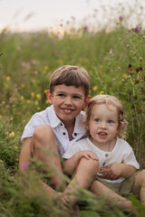 Fototapeta premium Two brothers of a boy are sitting in a field hugging