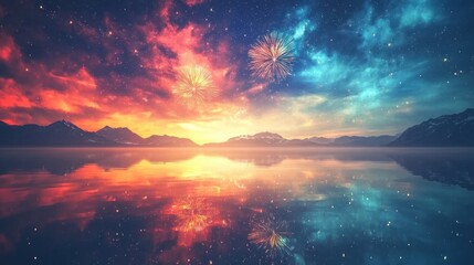 Fototapeta premium A breathtaking panoramic landscape showcasing a fiery sunset reflected on a tranquil lake with mountains in the distance and fireworks bursting above a vibrant sky.