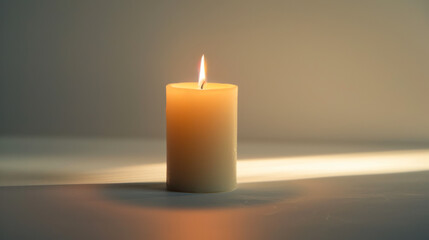 Single pillar candle with warm light on neutral background
