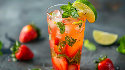 Refreshing summer drink with strawberries, lime and mint. Cold beverage with ice cubes in a tall glass.