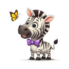 Adorable cartoon zebra with butterfly and purple bow tie