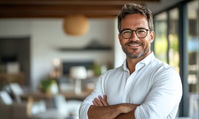 Obraz premium Confident businessman in his thirties standing in modern office with a warm smile, wearing glasses and a casual white shirt