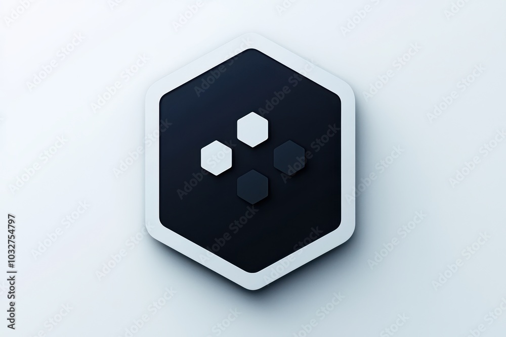 Poster hexagonal app icon with floating bubbles and futuristic blue design against a soft gradient backgrou