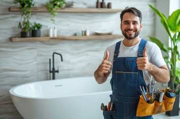 Happy plumber in blue overalls giving a thumbs up with a tool belt in a modern bathroom