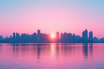 Fototapeta premium Serene sunset over a modern city skyline by the water