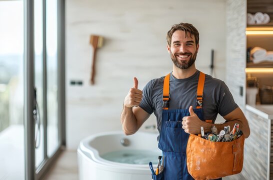 Happy plumber in blue overalls giving thumbs up in modern bathroom with large windows and tool belt